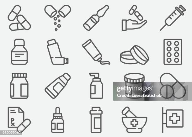 pills and pharmacy line icons - pharmacy stock illustrations