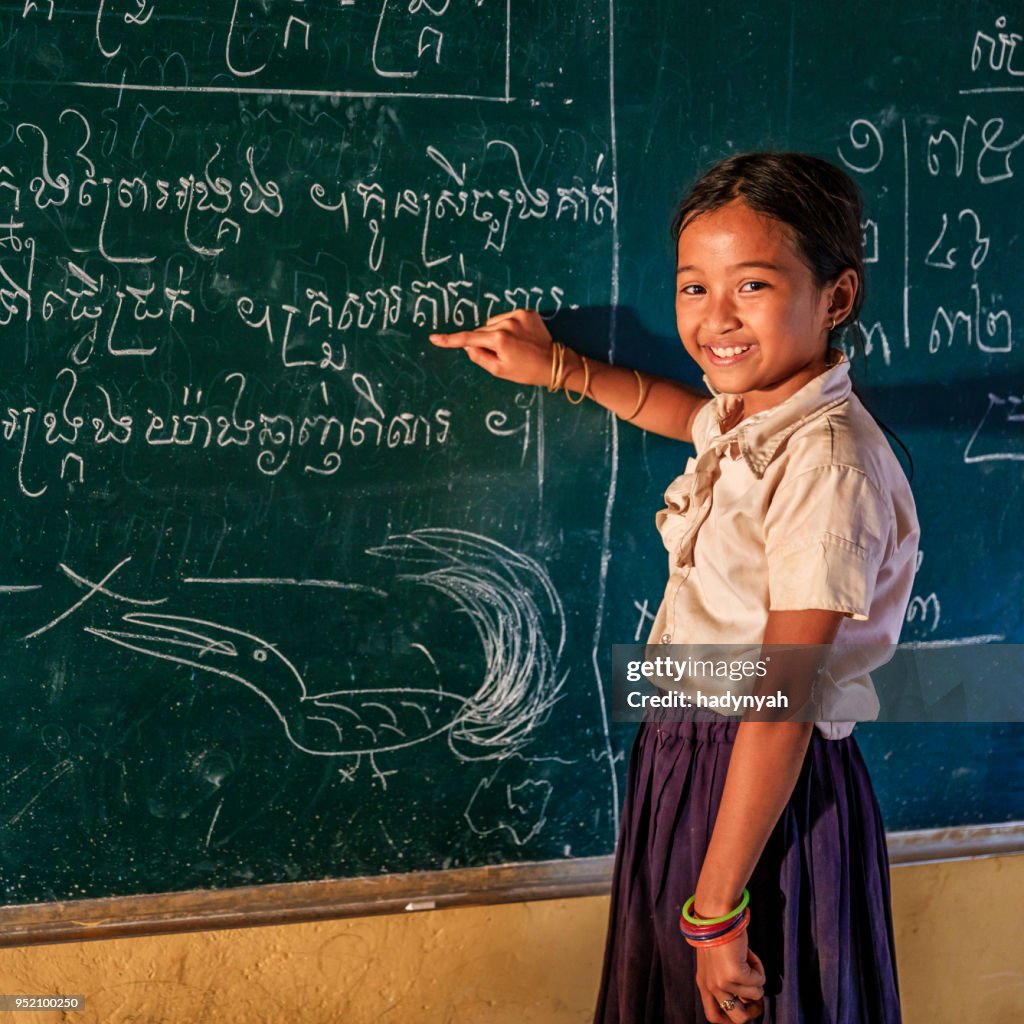 Cambodian schoolgirl during class, Tonle Sap, Cambodia