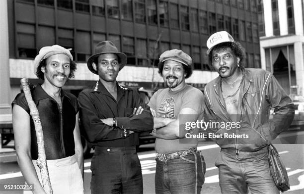 The Neville Brothers in New York City on August 10, 1981. Charles Neville, Cyril Neville, Art Neville, and Aaron Neville.