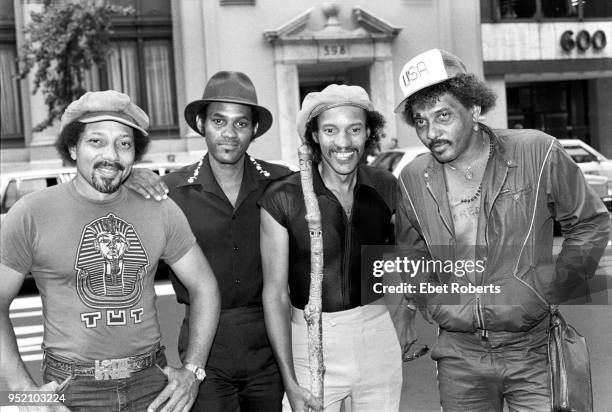 The Neville Brothers in New York City on August 10, 1981. Art Neville, Cyril Neville, Charles Neville, and Aaron Neville.