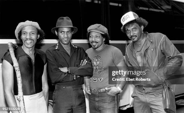 The Neville Brothers in New York City on August 10, 1981. Charles Neville, Cyril Neville, Art Neville, and Aaron Neville.