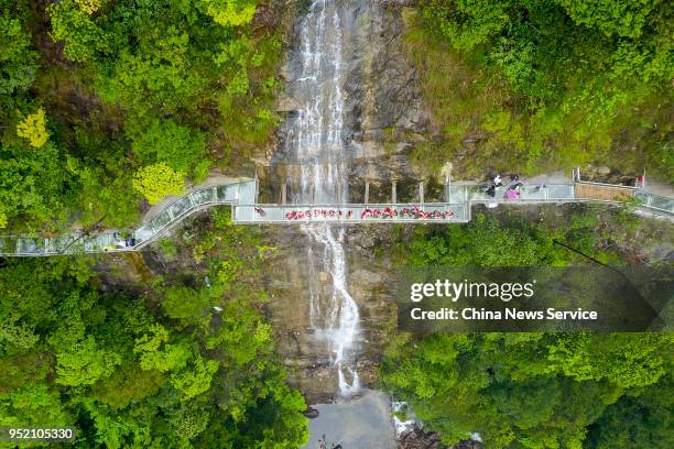 Aerial view of girls of Yao ethnic group posing for photos to welcome the opening of a glass walkway at Jiulong River National Forest Park of Rucheng...