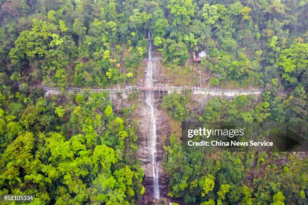 Aerial view of girls of Yao ethnic group posing for photos to welcome the opening of a glass walkway at Jiulong River National Forest Park of Rucheng...