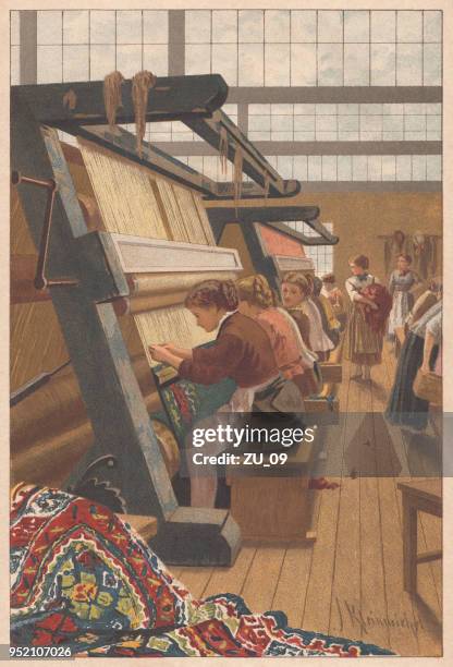 women at the carpet weave in a factory, lithograph, 1888 - industrial revolution stock illustrations
