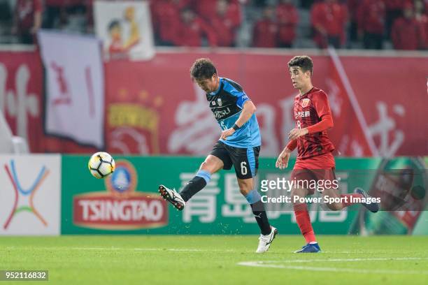 Kawasaki Midfielder Tasaka Yusuke in action against Shanghai FC Forward Oscar Emboaba Junior during the AFC Champions League 2018 Group Stage F Match...