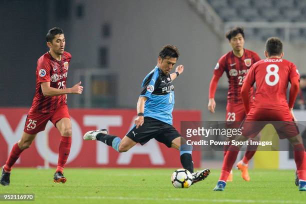 Kawasaki Midfielder Tasaka Yusuke attempts a kick during the AFC Champions League 2018 Group Stage F Match Day 5 between Shanghai SIPG and Kawasaki...