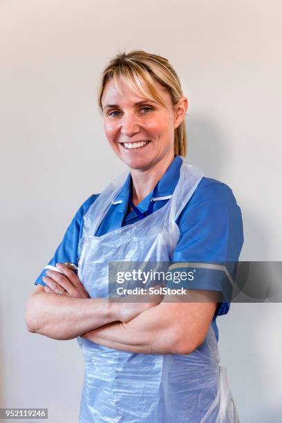 nurse standing with her arms folded - nurse and portrait and white background and smiling and female and looking at camera stock pictures, royalty-free photos & images