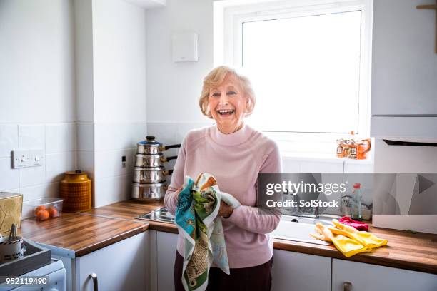 oberoende senior kvinna i hennes kök - kitchen sink bildbanksfoton och bilder