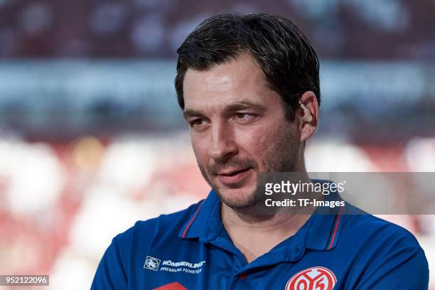 Head coach Sandro Schwarz of Mainz looks on prior to the Bundesliga match between FC Augsburg and 1. FSV Mainz 05 at WWK-Arena on April 22, 2018 in...