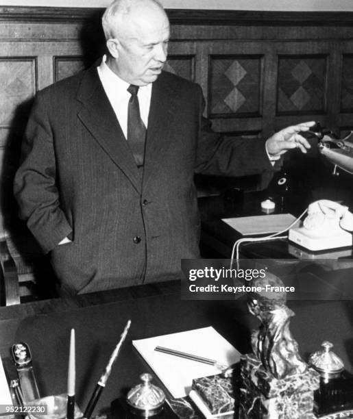 "Nikita KHRUSHCHEV photographed at his desk in 1958 in Moscow. Upon the death of STALIN in March 1953, Nikita KHRUSHCHEV succeeded him as first...