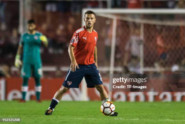 Nicolas Domingo of Independiente controls the ball during a Group 7 match between Independiente and Corinthians as part of Copa CONMEBOL Libertadores...