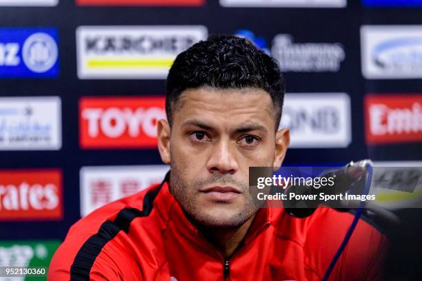 Shanghai FC Forward Givanildo Vieira de Sousa talks during the press conference for the AFC Champions League 2018 Group Stage F Match Day 4 between...
