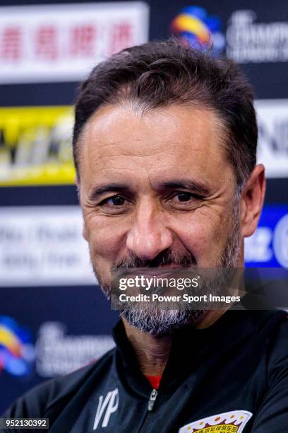 Shanghai FC Head Coach Vitor Pereira talks during the press conference for the AFC Champions League 2018 Group Stage F Match Day 4 between Ulsan...