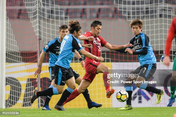 Shanghai FC Midfielder Odil Akhmedov battles for the ball with Kawasaki defender Kurumaya Shintaro during the AFC Champions League 2018 Group Stage F...