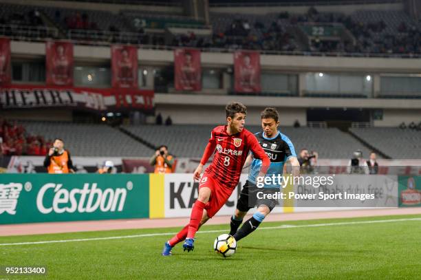 Shanghai FC Forward Oscar Emboaba Junior in action against Tatsuki Nara of Kawasaki Frontale during the AFC Champions League 2018 Group Stage F Match...