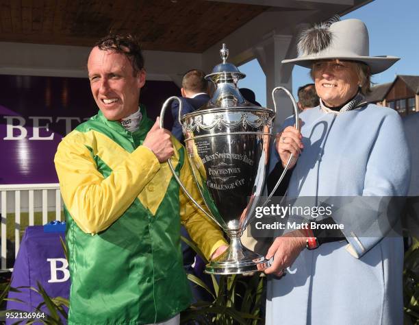 Kildare , Ireland - 27 April 2018; Robbie Power, left, with trainer Jessica Harrington after winning The BETDAQ 2% Commission Punchestown Champion...