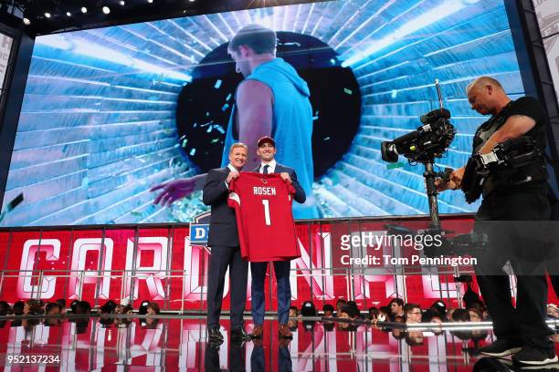 Josh Rosen of UCLA poses with NFL Commissioner Roger Goodell after being picked overall by the Arizona Cardinals during the first round of the 2018...