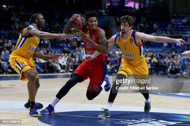 Will Clyburn, #21 of CSKA Moscow competes with Alexey Shved, #1 and James Anderson, #21 of Khimki Moscow Region in action during the Turkish Airlines...