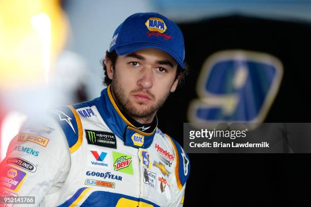 Chase Elliott, driver of the NAPA Auto Parts Chevrolet, stands in the garage area during practice for the Monster Energy NASCAR Cup Series GEICO 500...