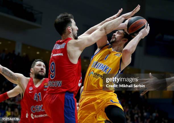Alexey Shved, #1 of Khimki Moscow Region competes with Leo Westemann, #9 of CSKA Moscow in action during the Turkish Airlines Euroleague Play Offs...