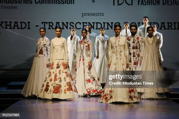 Models walk on the ramp during the event, "Khadi - Transcending Boundaries." It included a fashion show by designers Anju Modi, Poonam Bhagat, Payal...