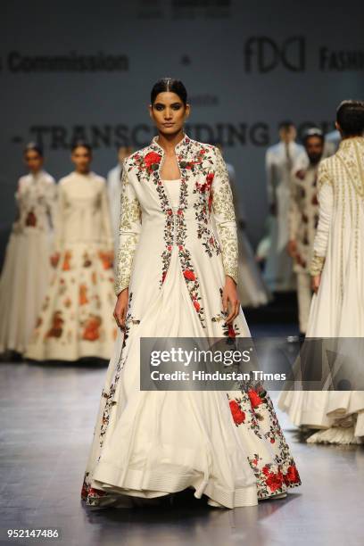 Model walks on the ramp during the event, "Khadi - Transcending Boundaries." It included a fashion show by designers Anju Modi, Poonam Bhagat, Payal...