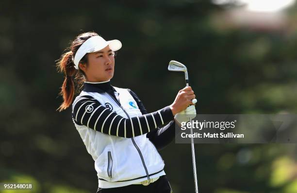 Su Oh of Australia watches her tee shot on the sixth hole during the second round of the Mediheal Championship at Lake Merced Golf Club on April 27,...