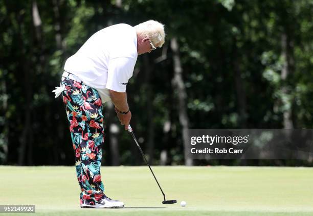 John Daly putts on the 15th hole during the second round of the Zurich Classic at TPC Louisiana on April 27, 2018 in Avondale, Louisiana.