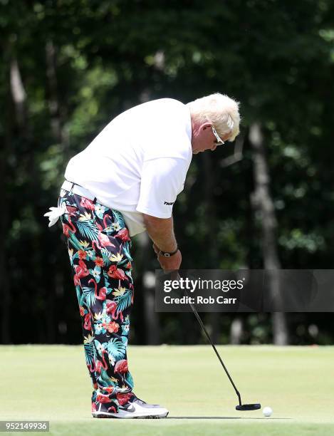 John Daly putts on the 15th hole during the second round of the Zurich Classic at TPC Louisiana on April 27, 2018 in Avondale, Louisiana.