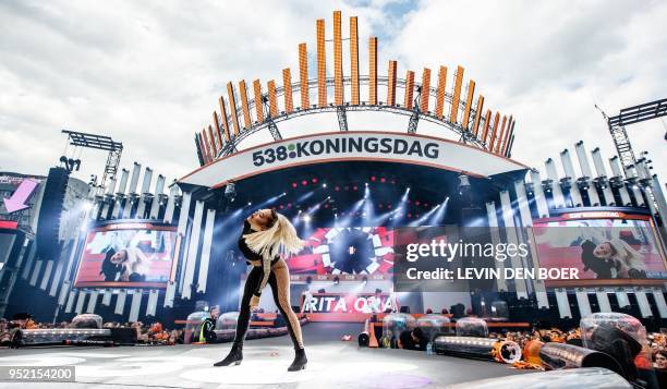 British singer Rita Ora performs during the 538 King's Day music festival in Breda, on April 27, 2018. / Netherlands OUT