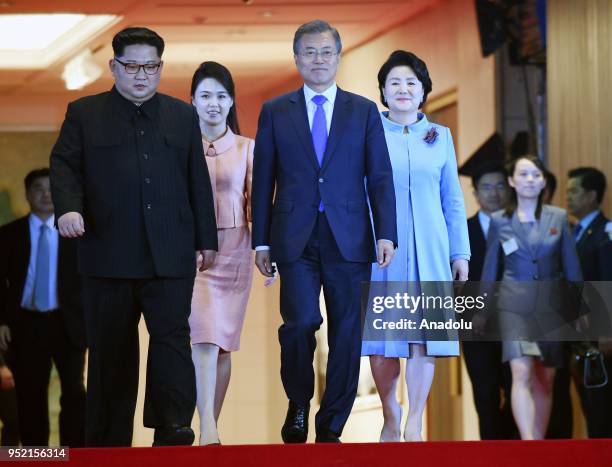 South Korean president, Moon Jae-in , first Lady Kim Jung-sook and North Korean leader Kim Jong-un , and North Korean first Lady Ri Sol Ju attend the...