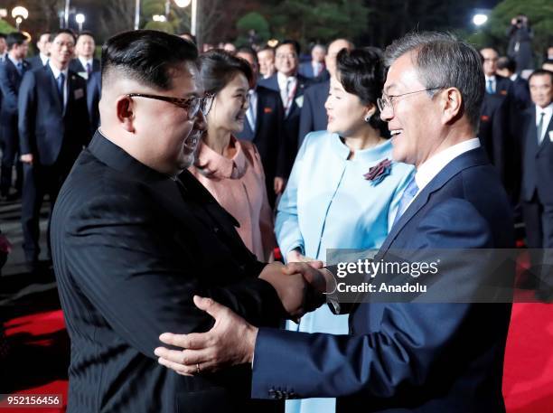 South Korean president, Moon Jae-in and first Lady Kim Jung-sook bid farewell to North Korean leader Kim Jong-un, and North Korean first Lady Ri Sol...