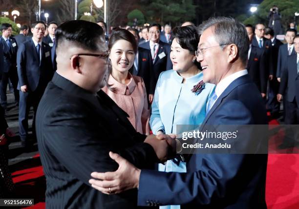 South Korean president, Moon Jae-in and first Lady Kim Jung-sook bid farewell to North Korean leader Kim Jong-un, and North Korean first Lady Ri Sol...