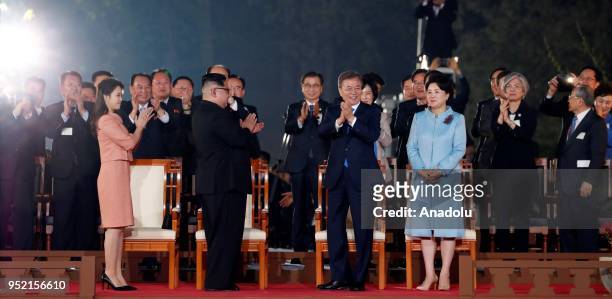 South Korean president, Moon Jae-in , first Lady Kim Jung-sook and North Korean leader Kim Jong-un , and North Korean first Lady Ri Sol Ju attend the...