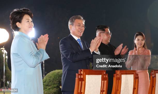 South Korean president, Moon Jae-in , first Lady Kim Jung-sook and North Korean leader Kim Jong-un , and North Korean first Lady Ri Sol Ju attend the...