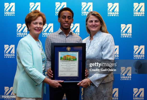 Jacqueline Moloney, scholarship recipient Abdi Shariff-Hassan and previous UMass Lowell Alumni Award Honoree Bonnie Comley attend the Honorary Alumni...