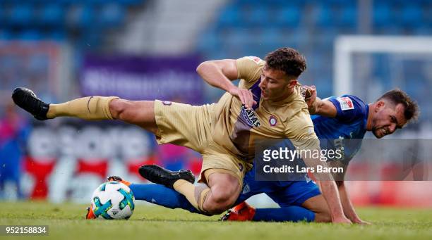 Dominik Wydra of Aue is challanged by Kevin Stoeger of Bochum during the Second Bundesliga match between VfL Bochum 1848 and FC Erzgebirge Aue at...