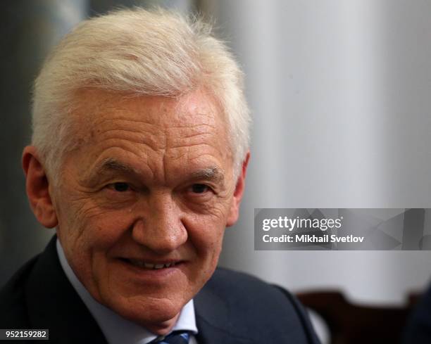 Russian businessman and billionaire Gennady Timchenko smiles during his meeting at Russian Geographic Society on April 27, 2018 in Saint Petersburg,...