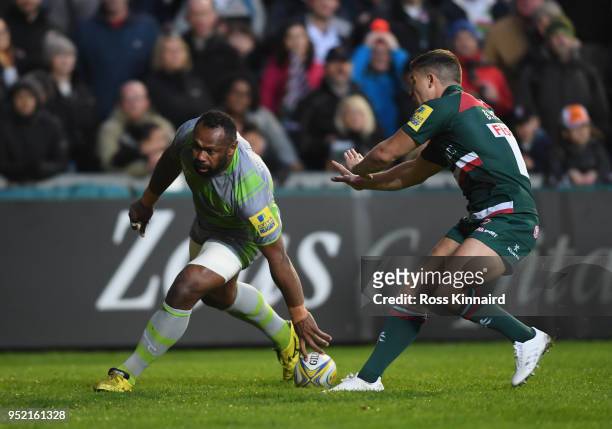 Vereniki Goneva of Newcastle Falcons touches down to score a try during the Aviva Premiership match between Leicester Tigers and Newcastle Falcons at...