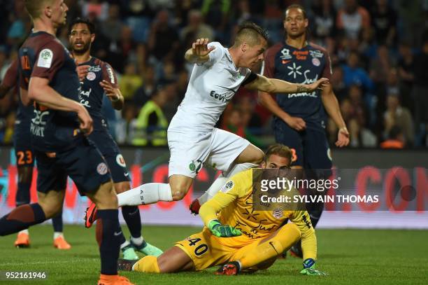 Saint-Etienne's French midfielder Romain Hamouma scores a goal during the French L1 football match between Montpellier and Saint Etienne, on April...