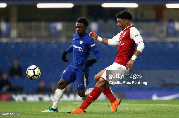 Xavier Amaechi of Arsenal scores his sides first goal during the FA Youth Cup Final first leg match between Chelsea and Arsenal at Stamford Bridge on...