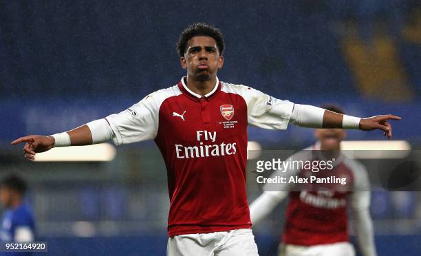 Xavier Amaechi of Arsenal celebrates after he scores his sides first goal during the FA Youth Cup Final first leg match between Chelsea and Arsenal...