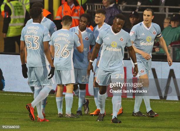 Joel Asoro of Sunderland celebrates opening the scoring during the Sky Bet Championship match between Fulham and Sunderland at Craven Cottage on...