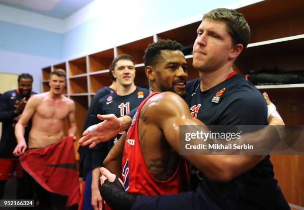 Cory Higgins, #22 and Victor Khryapa, #31 of CSKA Moscow after the Turkish Airlines Euroleague Play Offs Game 4 between Khimki Moscow Region v CSKA...