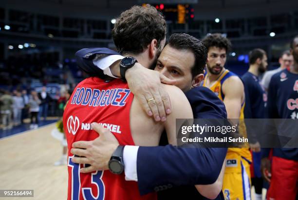 Sergio Rodriguez, #13 and Dimitris Itoudis, of CSKA Moscow afterthe Turkish Airlines Euroleague Play Offs Game 4 between Khimki Moscow Region v CSKA...