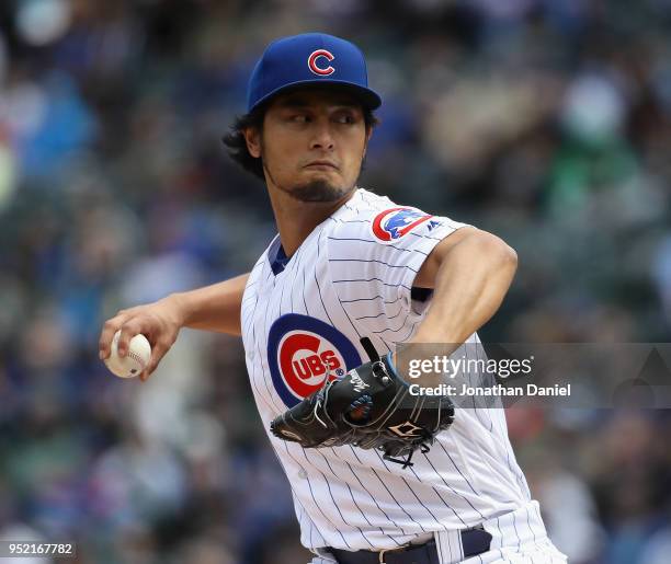 Starting pitcher Yu Darvish of the Chicago Cub dleivers the ball against the Milwaukee Brewers at Wrigley Field on April 27, 2018 in Chicago,...