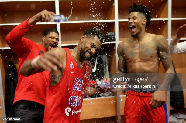 Kyle Hines, #42, Cory Higgins, #22 and Will Clyburn, #21 of CSKA Moscow after the Turkish Airlines Euroleague Play Offs Game 4 between Khimki Moscow...