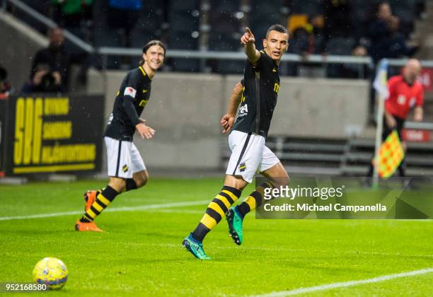 Nabil Bahoui of AIK celebrates scoring the 2-0 goal during an Allsvenskan match between AIK and IK Sirius at Friends Arena on April 27, 2018 in...
