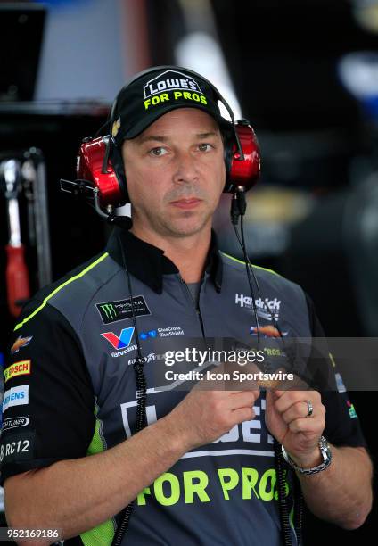 Chad Knaus looks on during practice for the 49th Annual GEICO 500 Monster Energy NASCAR Cup Series race on April 27 at Talladega Superspeedway in...