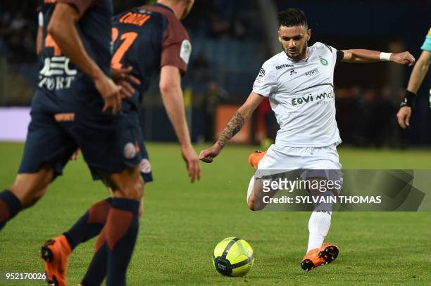 Saint-Etienne's French forward Remy Cabella kicks the ball during the French L1 football match between Montpellier and Saint Etienne, on April 27,...